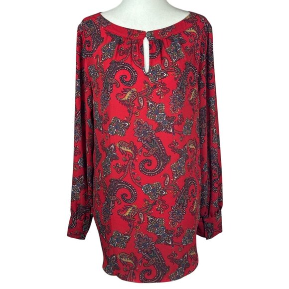 Loft Womens Blouse Size M Red Paisley Boatneck Long Sleeve Boho Artsy Maximalism - Picture 1 of 7